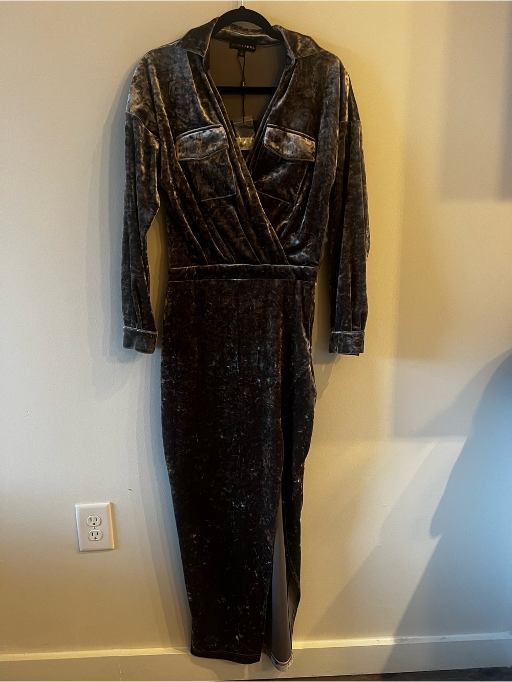 JLUXLABEL Charcoal Gray Velvet Long Sleeve Wrap Dress